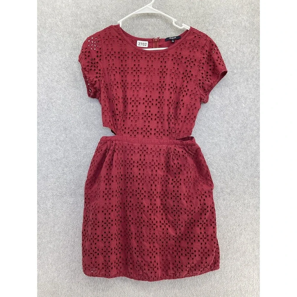 Madewell Women's Cutout Dress Solid Red Pockets Short Sleeve Size 6 - Picture 1 of 10
